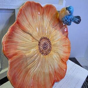 Ceramic Orange Flower Plate w/ 3D Bird Figurine- Scalloped Petal.